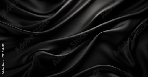 Dark black silk fabric background, view from above. Smooth elegant colorful silk or satin shining luxury cloth texture can use as abstract background banner wallpaper with copy space, close-up