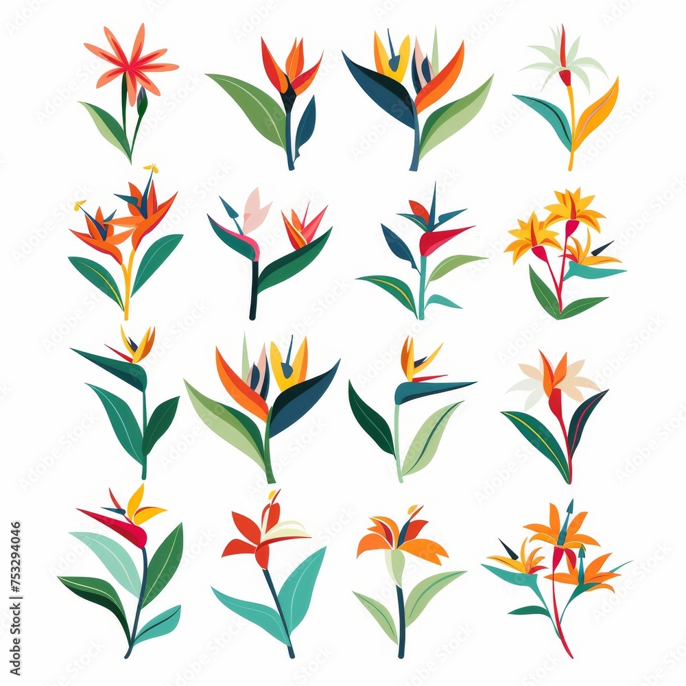 Bird of Paradise Flower Icon Set, Garden Strelitzia Flat Design, Abstract Strelitzia Reginae Symbol Bird of Paradise Flower Icon Set, Garden Strelitzia Flat Design, Abstract Strelitzia Reginae Symbol