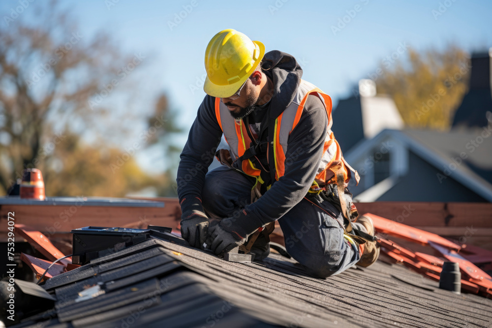 Photo of a man installing solar panels on the roof of a building Photo of a man installing solar panels on the roof of a building