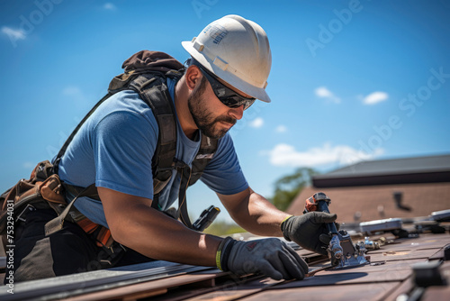 Photo of a man installing solar panels on the roof of a building