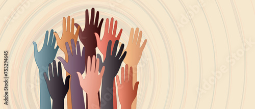 Banner with volunteer people with raised hands. Diversity Equality Inclusion. Charitable donation. Support and assistance. Multicultural community. NGO. Aid. Help. Volunteerism. Teamwork