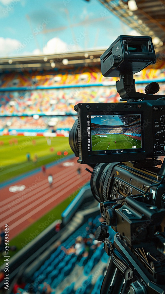 television camera recording and broadcasting the Paris 2024 Olympic Games, providing journalism coverage and streaming