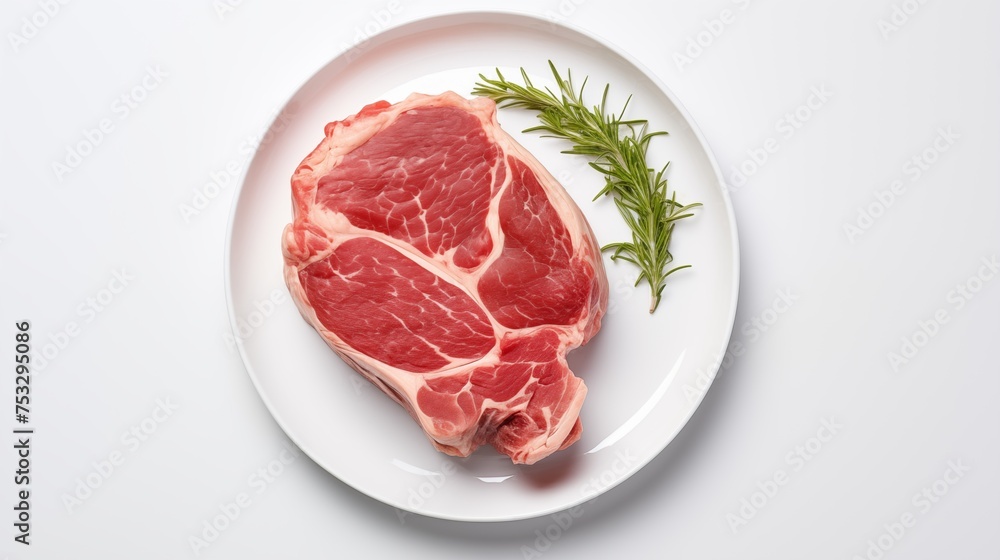 Plate of prime porterhouse steak arranged on a white round plate, displayed against a white background in an aerial view Plate of prime porterhouse steak arranged on a white round plate, displayed against a white background in an aerial view