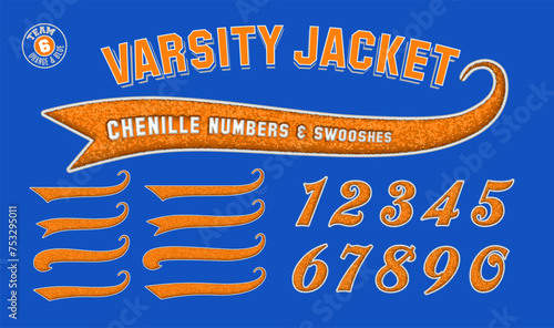 A collection of team numbers and swooshes with a letter jacket chenille patch effect, in blue and orange hues.