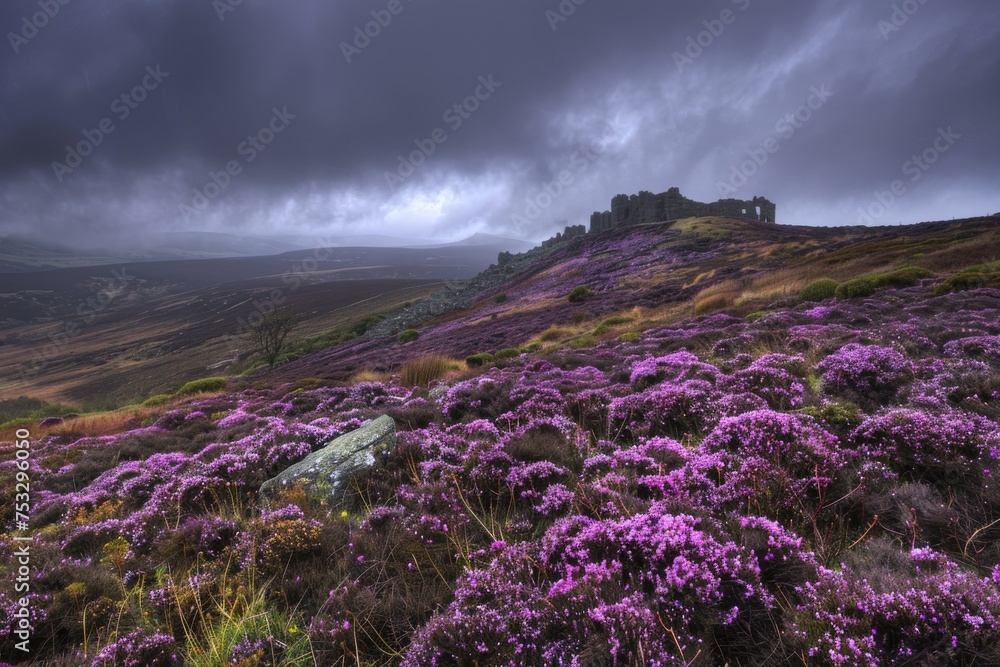 Moorland or Moor, Wuthering Heights, Heather Fields and Hills, Castle on Mountains, Copy Space Moorland or Moor, Wuthering Heights, Heather Fields and Hills, Castle on Mountains, Copy Space