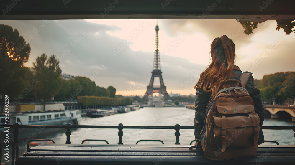 A young female backpacker sitting on a bench at the Trocadéro Gardens, looking out at the Eiffel Tower, the Eiffel Tower's stunning view. - obrazy, fototapety, plakaty 