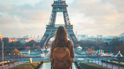 A young female backpacker standing in front of the Eiffel Tower, looking up at the tower, with of her backpack and the city of Paris in the background.