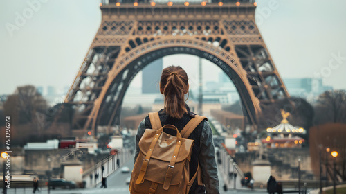 A young female backpacker standing in front of the Eiffel Tower, looking up at the tower, with of her backpack and the city of Paris in the background.