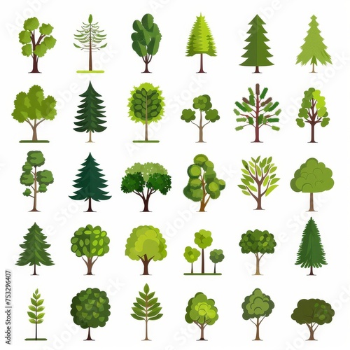 Green Tree Icon Set, Garden Trees Flat Design, Abstract Plant Symbol, Simple Forest Element Isolated