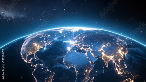 Glistening Earth with curving network lines, depicting a digital web of global connectivity.
