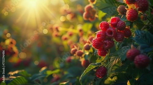 Raspberries Growing on Bush With Sun Background