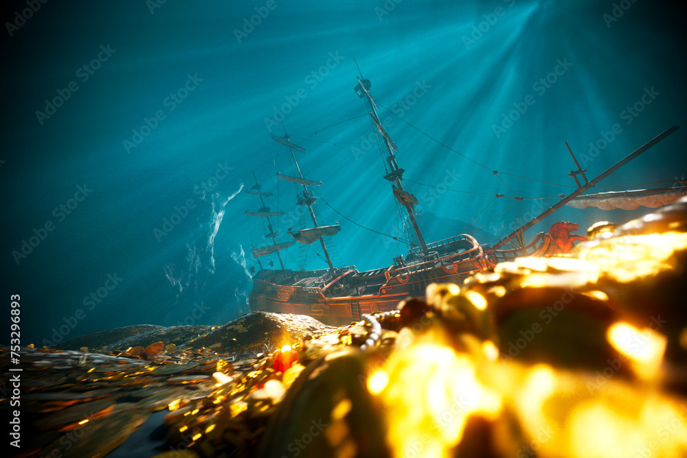 Enigmatic Sunken Galleon with Treasure Amidst Ocean Depths - obrazy, fototapety, plakaty 