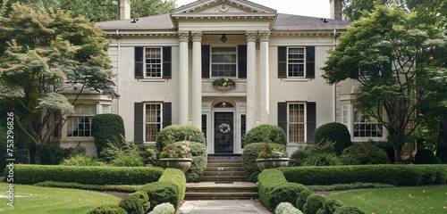 A Cleveland house in Colonial Revival style with an elegant entrance and neatly trimmed hedges, featuring a basket of cherries on the front porch instead of apples