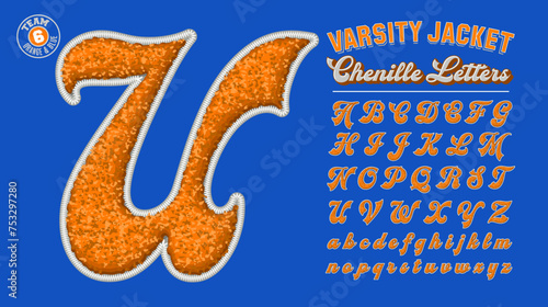 A collection of team numbers and swooshes with a letter jacket chenille patch effect, in blue and orange hues.