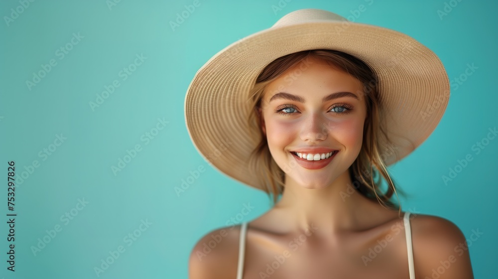 Smiling young woman wearing a stylish beige hat with a broad brim on a soft blue background Smiling young woman wearing a stylish beige hat with a broad brim on a soft blue background