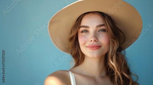 Smiling young woman wearing a stylish beige hat with a broad brim on a soft blue background