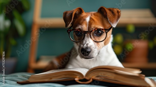 Studious Dog Wearing Glasses Focused On An Open Book. Back to School, Exam Preparation, and Graduation. Soft Green Minimalist Background with Copy Space