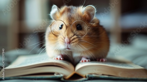 Studious hamster Wearing Glasses Focused On An Open Book. Back to School, Exam Preparation, and Graduation. Soft Green Minimalist Background with Copy Space