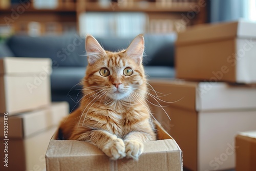 The cat is sitting in a box in the middle of a half-empty apartment against the background of empty boxes © sergiokat