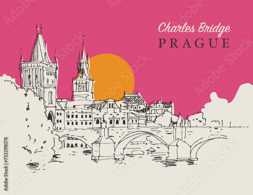 Drawing sketch illustration of the Charles Bridge in Prague, Czechia