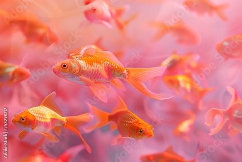 A cluster of goldfish is on a pink background. Generated by artificial intelligence.