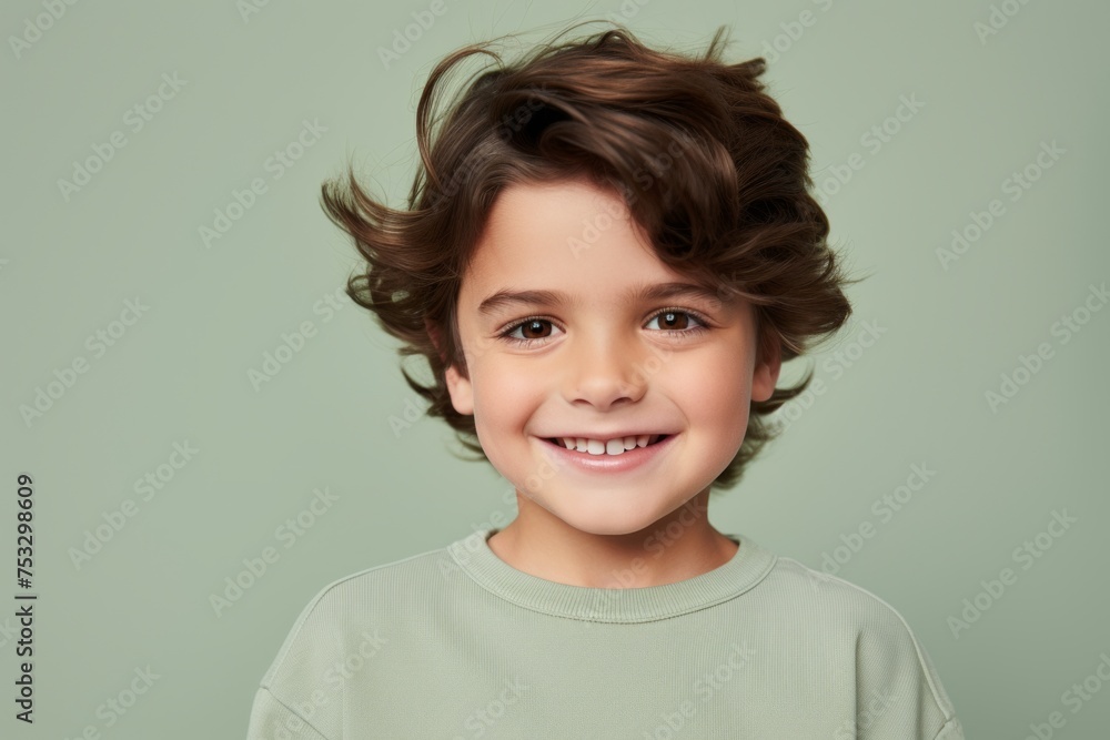 Little boy with long curly hair. Portrait of a smiling little boy on a green background. Little boy with long curly hair. Portrait of a smiling little boy on a green background.