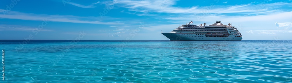 Luxury cruise ship sailing across the calm blue ocean under a clear sky, concept of travel and leisure.