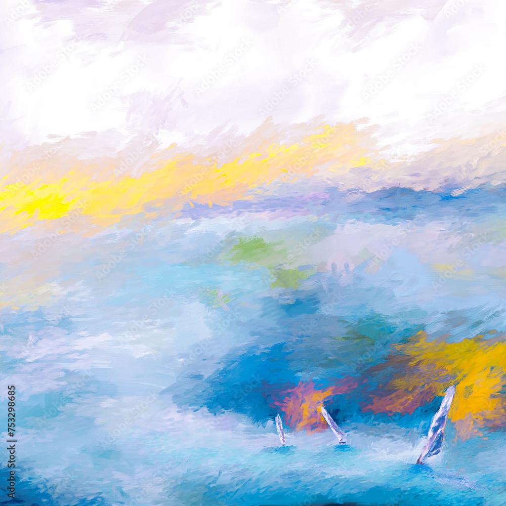 impressionistic trio of sailboats at sunrise or sunset in the waves, but near the lakeside shoreline - in vibrant blue/teal, yellow, pink purple - digital painting, art, illustration, design, artwork,