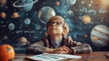 Cheerful schoolboy dreaming at astronomy lesson about space travel, student learning universe exploration in classroom, back to school concept for education and development of imagination