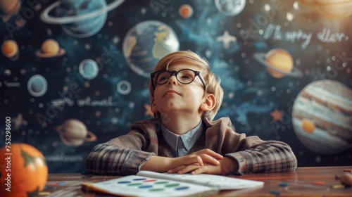 Cheerful schoolboy dreaming at astronomy lesson about space travel, student learning universe exploration in classroom, back to school concept for education and development of imagination