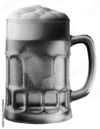 frothy beer mug with creamy foam isolated on transparent background black white retro halftone grunge dotted texture party collage element for mixed media design
