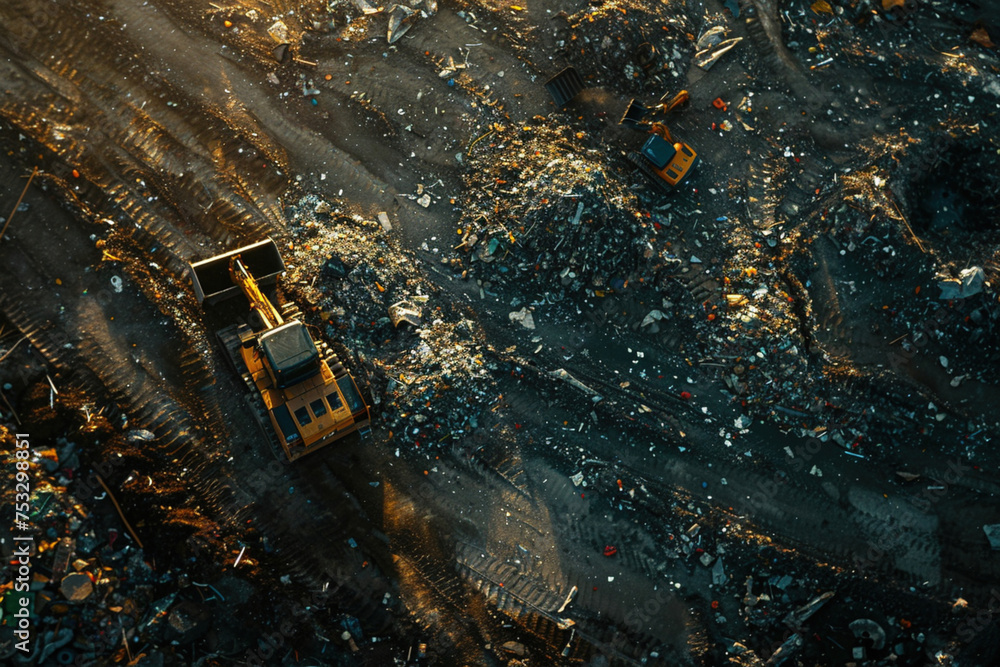 A large construction vehicle is driving through a pile of trash. Image created by IA A large construction vehicle is driving through a pile of trash. Image created by IA