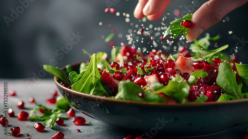Sprinkling pomegranate seeds over a salad