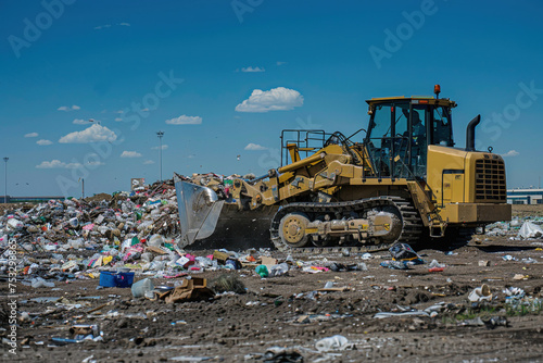 A large yellow dump truck is driving through a pile of trash. Image created by IA