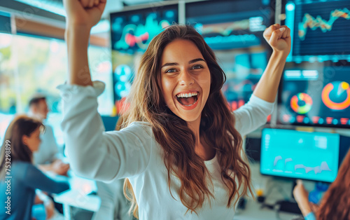 A professional analyst raises her arms in triumph, celebrating a successful outcome, with data screens displaying colorful graphs and charts in the background