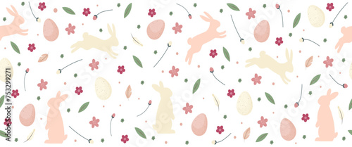 Cute hand drawn Easter seamless border line with bunnies, flowers, easter eggs, leaves and buds in pastel colours. Spring vector design for ornament, banners or decorations