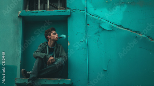 A boy with a cool look, sitting on a sleek urban rooftop. He casually takes a drag from a shesha in the corner, while the vibrant teal-colored wall behind him adds a modern touch. photo