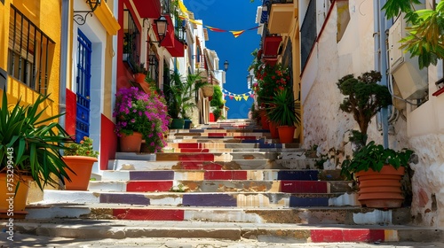 View of Calpe old town on sunny day. Stairs adorned with colors of Spanish flag, Calpe, Alicante province, Valencian Community, Spain © Ziyan