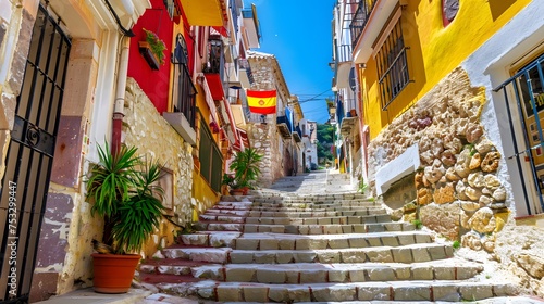 View of Calpe old town on sunny day. Stairs adorned with colors of Spanish flag, Calpe, Alicante province, Valencian Community, Spain photo