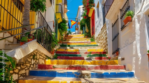 View of Calpe old town on sunny day. Stairs adorned with colors of Spanish flag, Calpe, Alicante province, Valencian Community, Spain © Ziyan