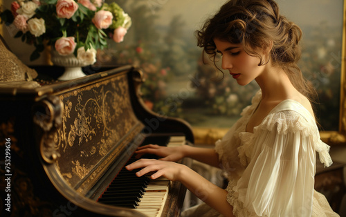 AI-Generated Image of a Young Woman Playing a Piano in a Historical Setting photo