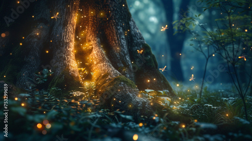 A magical enchanted forest glade featuring a small business reminder template on a glowing firefly-lit tree trunk.