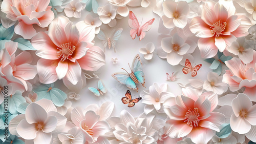 Dynamic 3D floral patterns and butterflies creating an enchanting abstract wallpaper