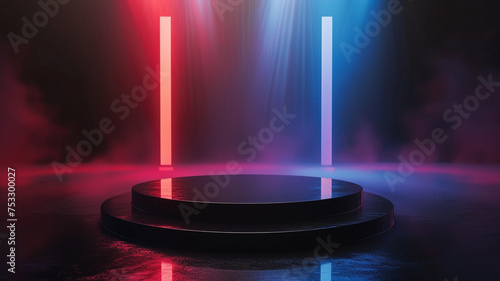 Enigmatic dark podium with pulsating lights and holographic elements, 