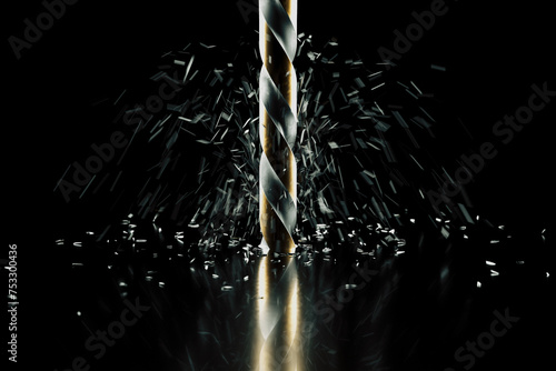 Obraz na płótnie Intense Action of High-speed Drill Bit Boring into Metal with Shavings w salonie