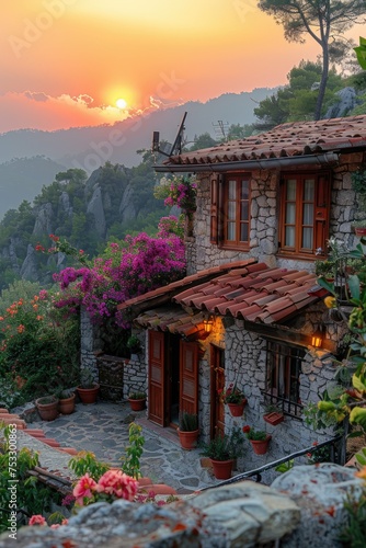 Flowers blooming at sunset. Stone house on a mountain with a small courtyard