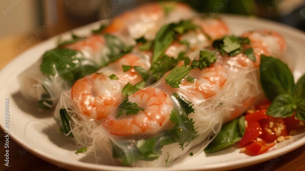 Summer rolls filled with shrimp, vermicelli noodles, and fresh basil