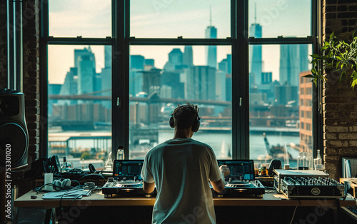 AI-Generated Image: DJ Mixing in Studio with City View