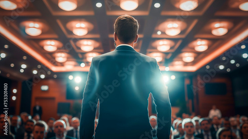 Businessman motivational speaker standing on stage in front of an audience for a speech at conference or business event. Talks about Success, Leadership, Technology, and How To Be Productive