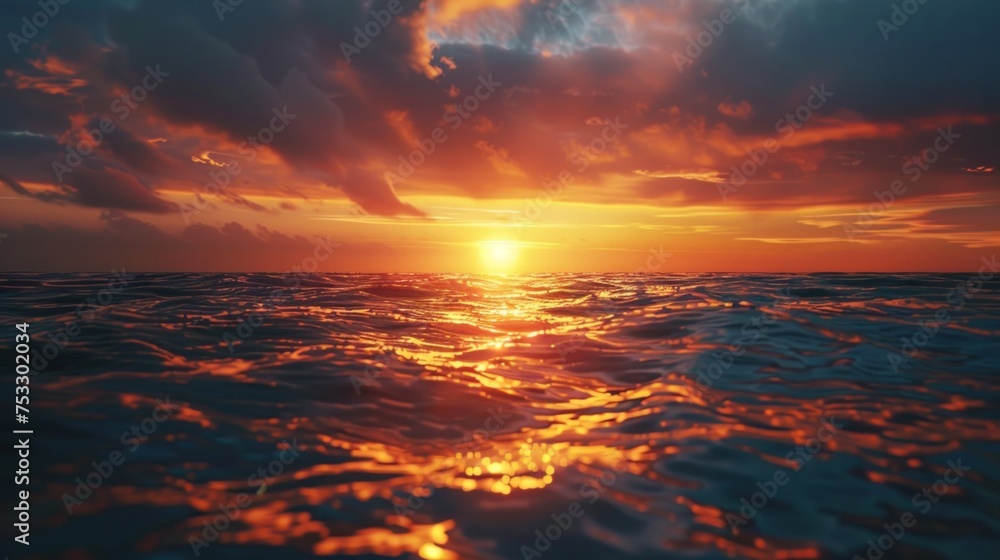 A sunset over the ocean with waves crashing on the shore and clouds over the ocean and beach